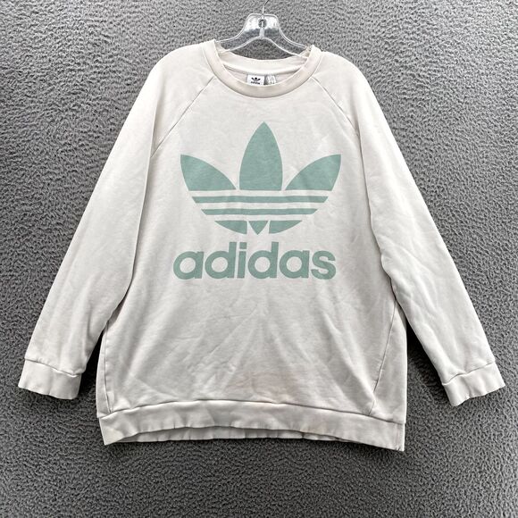 Adidas Essentials Sweater Men's XL White Green Big Spell Out Logo Crewneck Sport - Picture 2 of 10